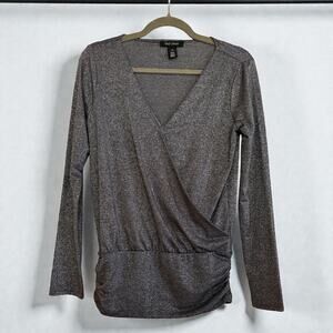 White House Black Market (WHBM) metallic long-sleeve XS Wrap Blouse.